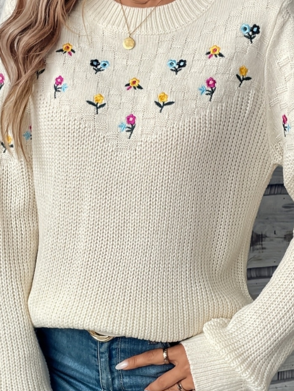 Embroidered Floral Knit Acrylic Sweater XL Cottagecore Basketweave Detail